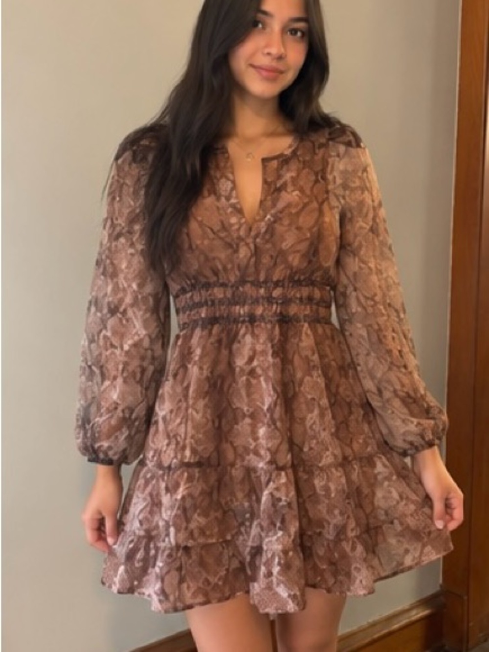 Anthropologie Snakeskin Print Mini Dress Brown Balloon Sleeve Smocked Waist